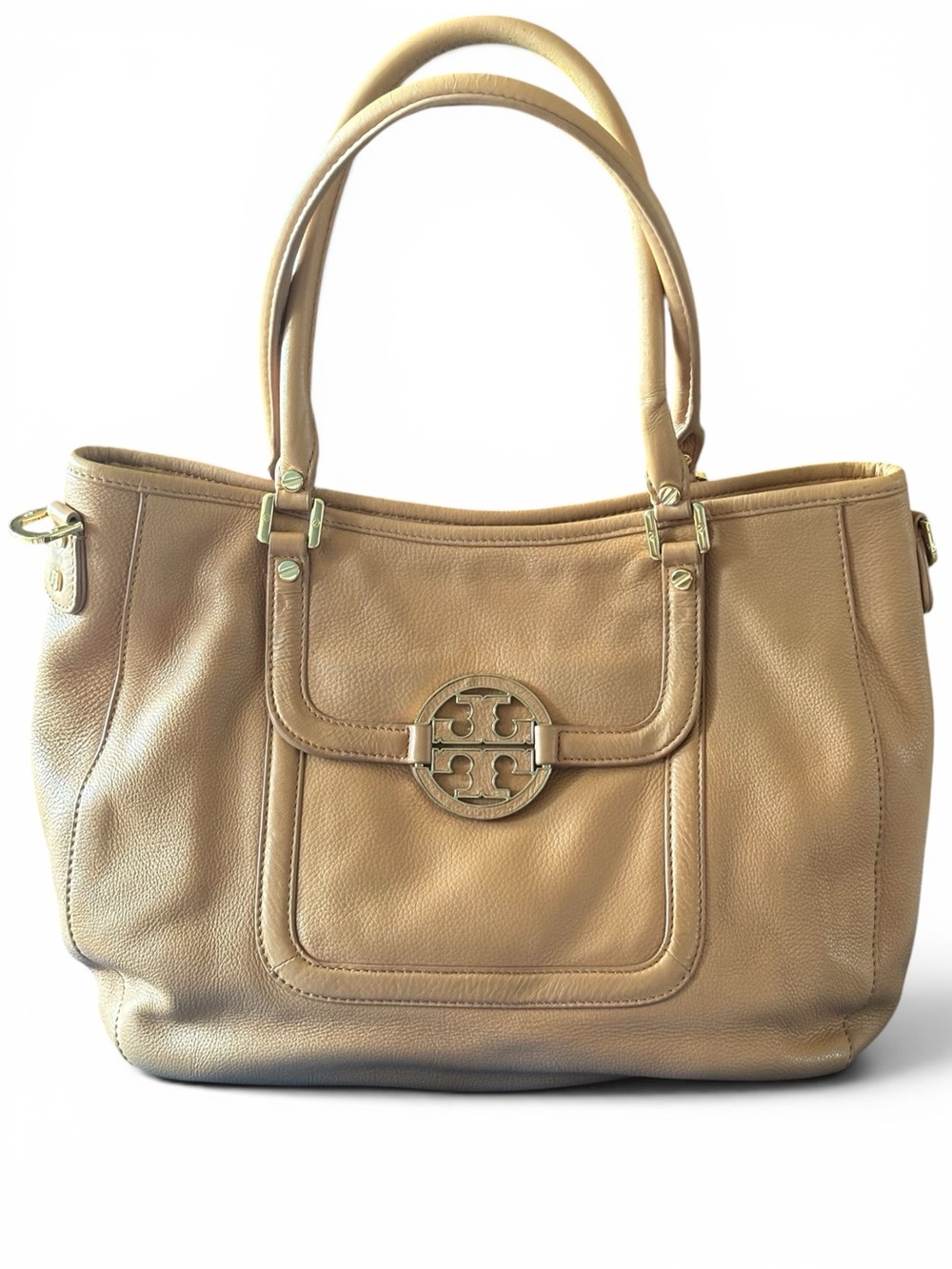 Tory Burch Beige/Tan Pebbled Leather Tote with Logo Medallion